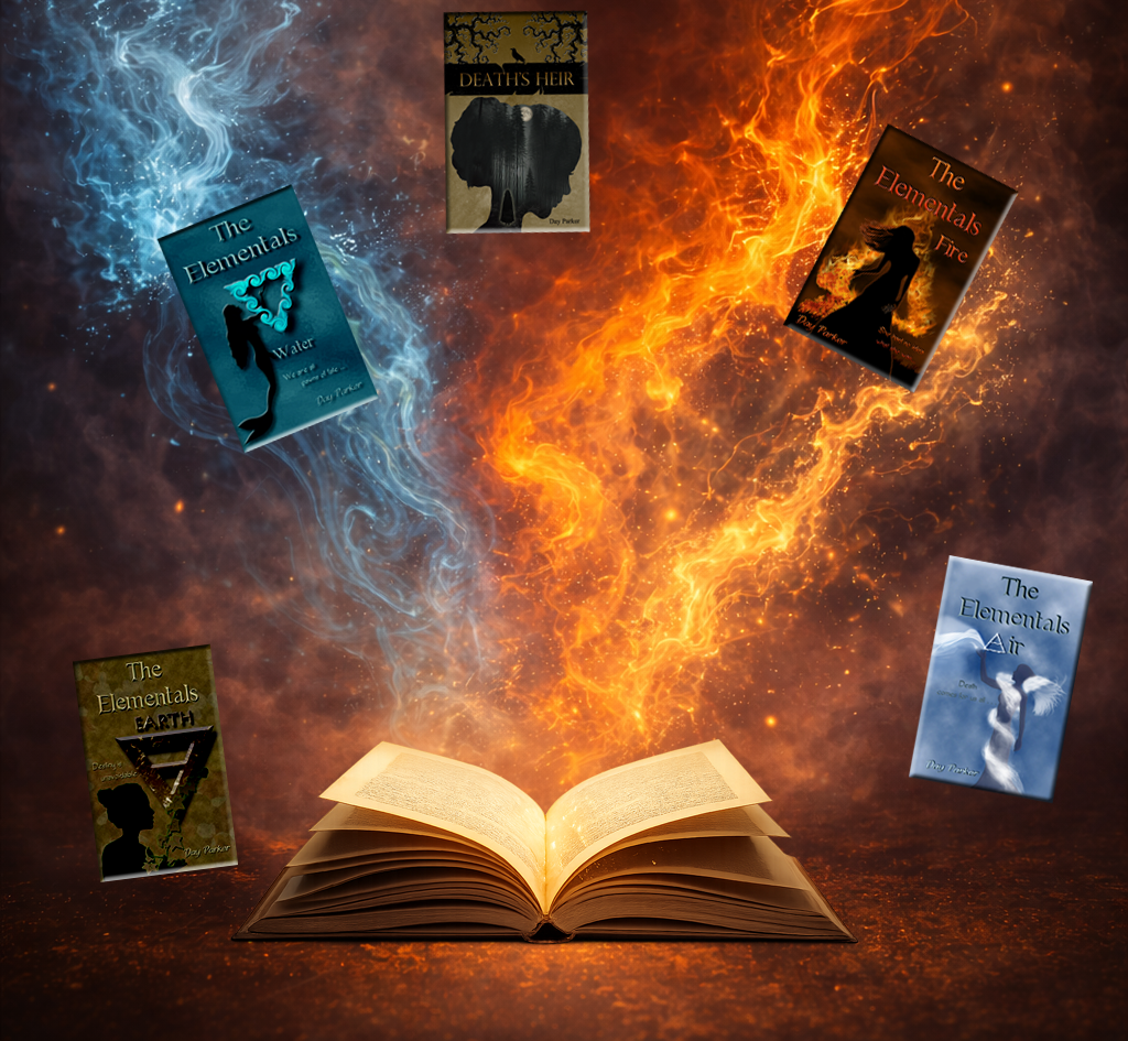 Large open book on the bottom with blue and orange fire rising out of it, with 5 book covers floating around it.