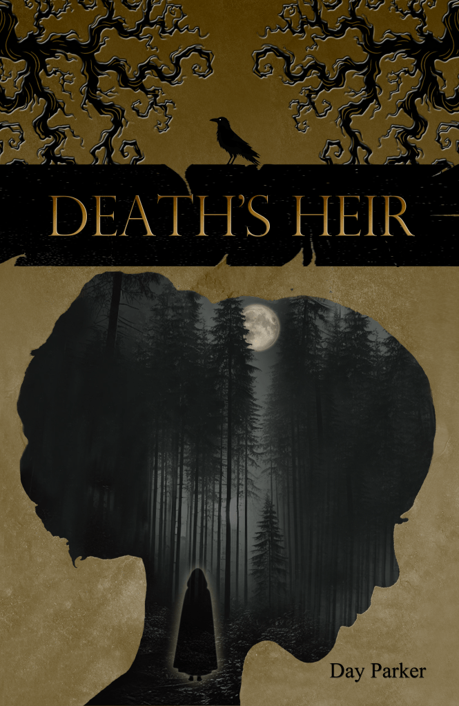 Image of book cover for Death's Heir. Tree branches at the top right and left corners, with a crow in the middle, and a cutout of a woman's head with an image of a spooky forest with a ghost inside. 