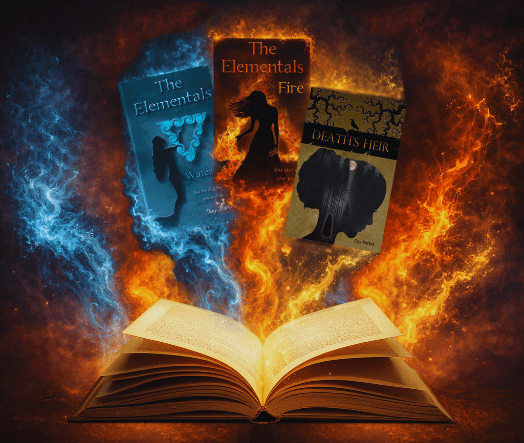 Three book covers (The Elementals Water, The Elementals Fire, and Death's Heir) float above an open book, emanating blue and orange light.